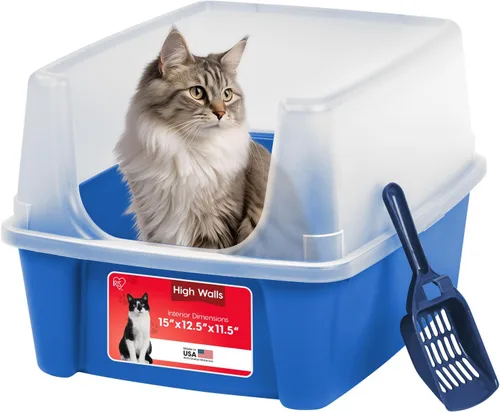 Miniatura 15 de IRIS USA - 2 Pack Caja de arena para gatos grande de tapa abierta con lados altos, escudo antidesperdicio y pala, color negro, para gatos