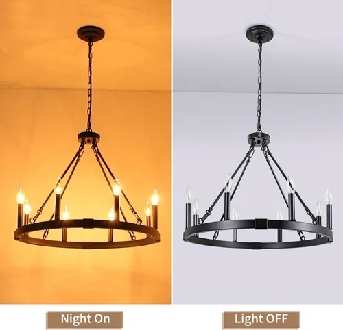 Miniatura 6 de Candelabro de Rueda de Carro de 8 Luces, 23.6" Candelabro Rústico de Granja, Iluminación Colgante Redonda Industrial Vintage para Comedor, Cocina