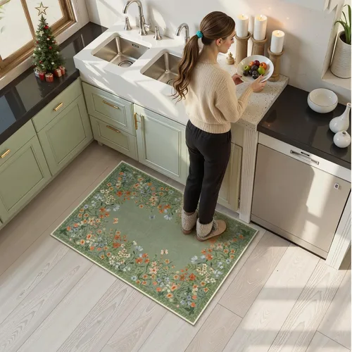 Miniatura 3 de Wonnitar Alfombra de área lavable de 2 x 3, alfombra de entrada floral verde, alfombra bohemia pequeña antideslizante para baño, alfombra suave
