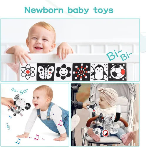 Miniatura 6 de Juguetes para bebés en blanco y negro de alto contraste, juego de 3 piezas esenciales para recién nacidos con juguetes colgantes, sonajero móvil