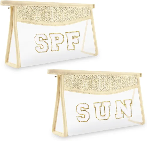 Miniatura 18 de Iqimott 2 bolsas de maquillaje con parches transparentes, bolsa de letras boho para nadar en la playa, bolsas de maquillaje impermeables