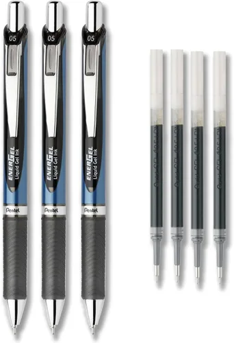 Pentel EnerGel Deluxe RTX - Juego de bolígrafos de tinta de gel líquido, paquete de 3 con 4 recambios (negro, 0.020 in)