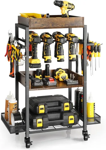 Olakee Organizador de herramientas eléctricas, organizador de almacenamiento de garaje, estante de herramientas, estante de taladro, carrito