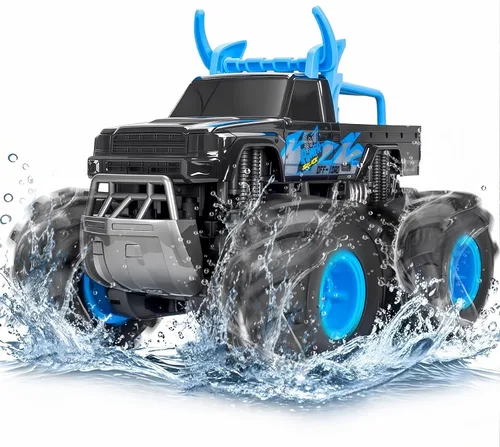 BainGesk Juguetes de camión monstruo a control remoto impermeable, auto RC 1:16, 2.4GHz 4WD juguetes de automóvil todo terreno con 2 baterías