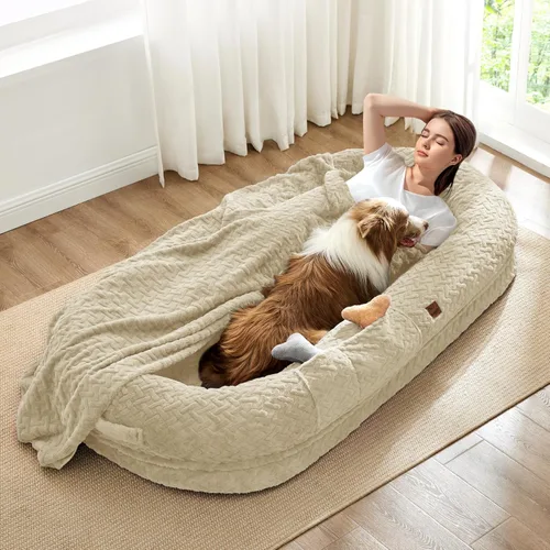 Miniatura 21 de ChiXnuggle Cama humana para perros adultos – Cama gigante de piel sintética rayada de lujo para perros con asa portátil, almohadilla de espuma