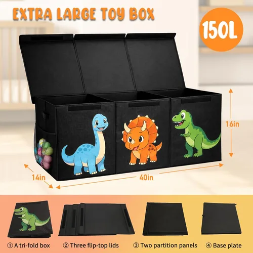 Miniatura 2 de Caja de juguetes plegable extragrande, organizador resistente de almacenamiento de juguetes de dinosaurios con tapas, 40 x 16 x 14 pulgadas, caja