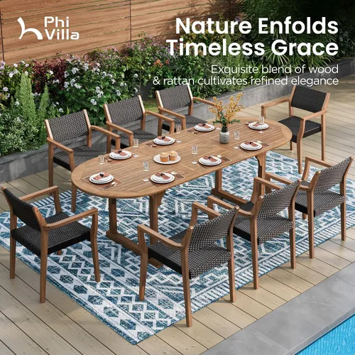 Miniatura 4 de PHI VILLA Juego de 2 sillas de madera de acacia para exteriores, sillones de comedor resistentes con respaldo y asiento de mimbre, muebles