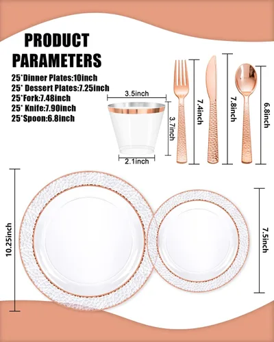 Miniatura 3 de Ciaell 350 platos de plástico color oro rosa, platos desechables de oro rosa transparente con cubiertos de plástico que incluyen 100 platos, 150