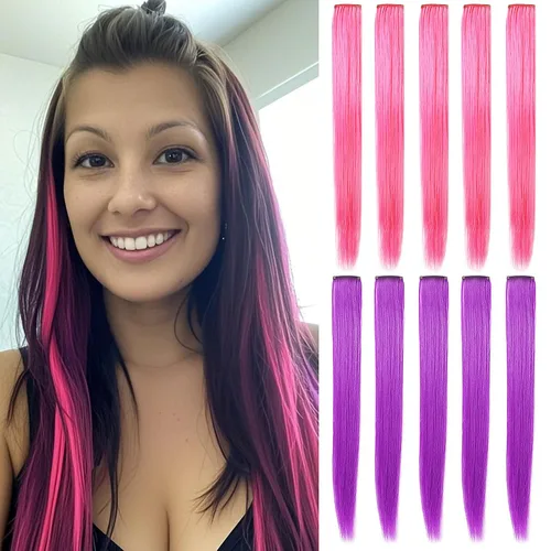 Miniatura 11 de 12 extensiones de cabello de colores rectas de 20 pulgadas, extensiones de cabello sintético con clip, color arcoíris, con reflejos, para fiesta