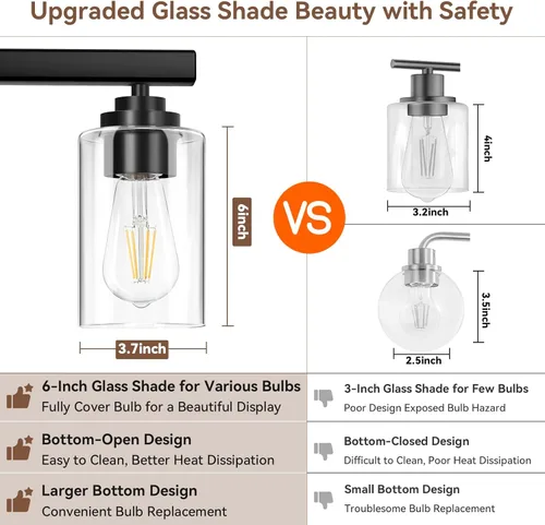 Miniatura 4 de Lámparas de baño de 5 luces negras mate, lámpara de tocador moderna de 31 pulgadas para baño, luces de tocador de baño sobre espejo con pantallas