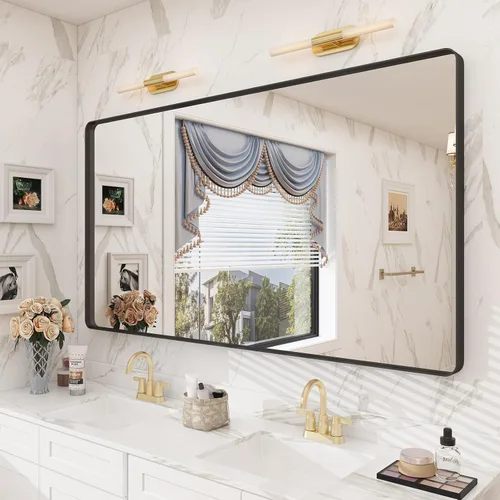 Miniatura 135 de Paquete de 2 espejos de baño con marco de metal negro de 22 x 30 pulgadas, espejo rectangular redondeado negro mate, antioxidante, se cuelga