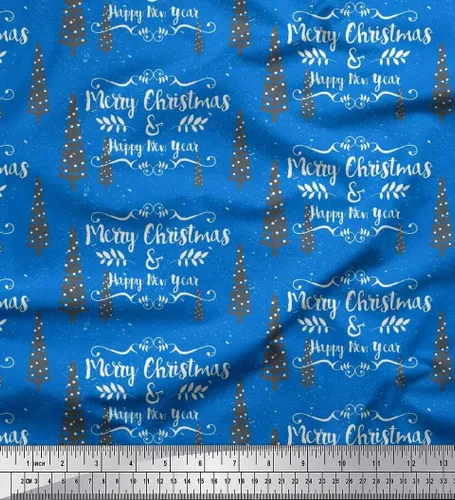 Miniatura 8 de Tela de algodón azul Soimoi, diseño de árbol de tela de cambric, feliz Navidad y feliz año nuevo, de 42 pulgadas de ancho