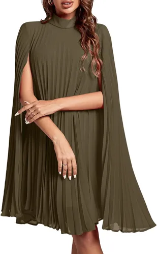 Rooscier Vestido midi de fiesta plisado con cuello alto falso y espalda abierta para mujer