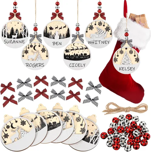 Miniatura 8 de Vicenpal Juego de 12 etiquetas de nombre para calcetines de Navidad, letreros de madera para bricolaje, incluye etiquetas de cuentas de madera
