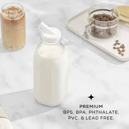 Miniatura 3 de JoyJolt Botellas de leche de vidrio con tapas y vertedor – 32 onzas, paquete de 3 botellas de vidrio reutilizables, herméticas, sin BPA, de grado