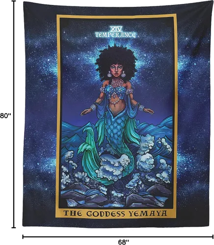 Miniatura 10 de Tapiz de cartas del tarot de la diosa Yemaya Temperance, sirena africana Yoruba, diosa pagana, bruja pagana, decoración del hogar (80 x 68 pulgadas)