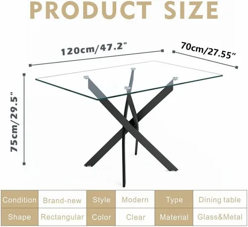 Miniatura 3 de Mesa de comedor de vidrio templado con patas de metal negro, mesa de cocina rectangular moderna de 47 pulgadas para cocina, comedor, oficina en casa