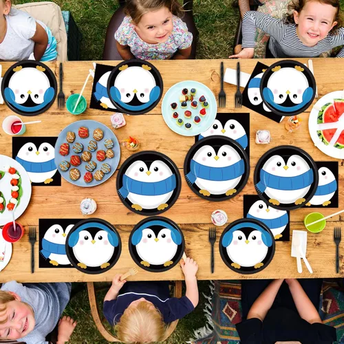 Miniatura 7 de 96 piezas de suministros para fiesta de cumpleaños de pingüino, platos de papel, servilletas, temática de invierno de pingüino, fiesta de Navidad