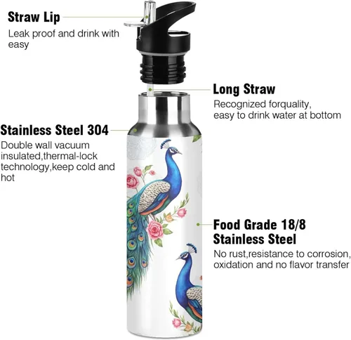 Miniatura 3 de Stainless Steel Vacuum Insulated Water Bottle 20 Oz, BPA-Free Sport Water Bottle for Gym Outdoor Travel School, Peacocks Blue Green Feathers