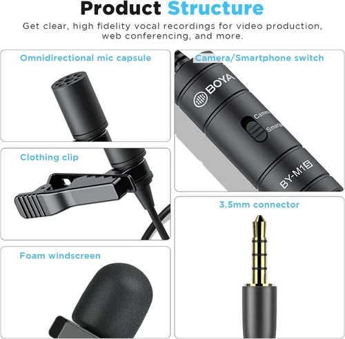 Miniatura 2 de BOYA BY-M1S Micrófono de solapa Lavalier profesional Micrófono de condensador omnidireccional para iPhone Android Smartphone Cámara DSLR
