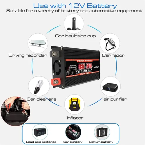 Miniatura 5 de Inversor de corriente de onda sinusoidal pura de 300 W, inversores de corriente de 12 V a 110 V/220 V para vehículos, adaptador de convertidor