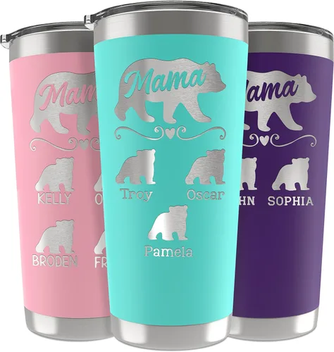 Amazing Items Vaso personalizado de mamá oso, 20 o 30 onzas, 13 colores, nombres de hasta 5 cachorros, regalos para nueva mamá, vaso personalizado
