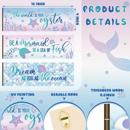 Miniatura 3 de Yerliker 3 piezas de decoración de pared de sirena con tema oceánico de madera para niña, placa temática del mar, decoración motivacional, cola