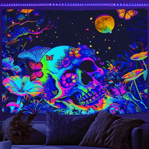 Miniatura 13 de Tapiz de calavera con luz negra, arte de pared de esqueleto reactivo a los rayos UV para dormitorio, pósteres de luz negra para adultos, tapiz