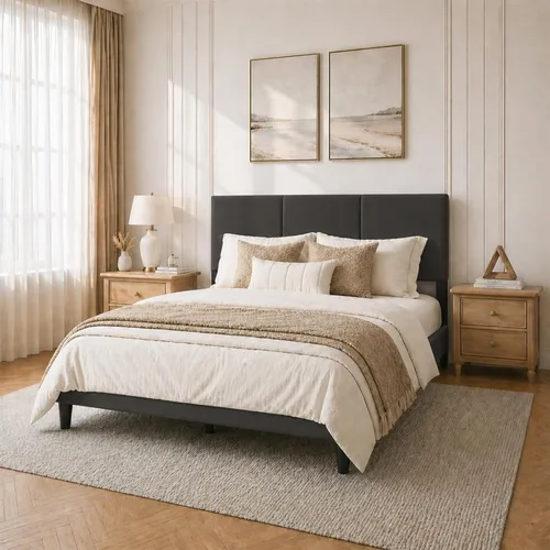 Miniatura 3 de Marco de cama tamaño Queen con cabecero – Marco de cama de plataforma resistente tapizado con canales verticales acolchados elegante con listones