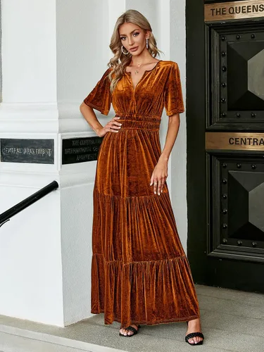 Miniatura 3 de Amegoya Vestido largo de terciopelo de manga corta con cuello en V para mujer, vestido largo formal para invitados de boda, otoño, noche, fiesta