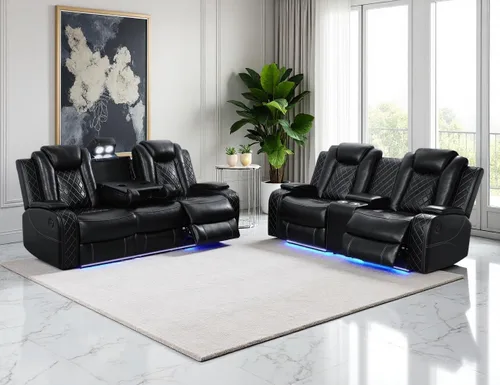 Miniatura 26 de Juego de Sofá Reclinable Eléctrico, Juego de Sofá y Sillón Reclinable de Cuero Negro, Juegos de Muebles de Sala de Estar, Sofá de Dos Plazas
