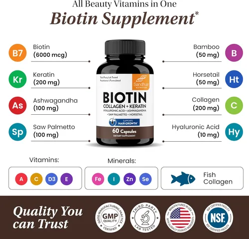 Miniatura 7 de Sandhu's Complejo de biotina, colágeno y queratina Apoya el ciclo normal de crecimiento del cabello Vitaminas para la piel y las uñas
