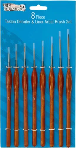 Miniatura 2 de U.S. Art Supply Juego de 8 pinceles Taklon con detalles y delineadores con mango de agarre cómodo de madera, arte, detalles, acrílico, óleo, acuarela