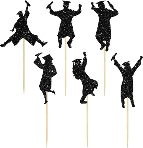 Miniatura 3 de Gyufise 24 piezas Adornos para pastel de graduación 2026 con purpurina negra, clase de 2026, adornos para magdalenas con gorra de graduación