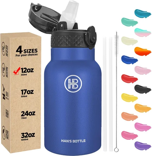 Han's Bottle Botella de agua para niños con tapa con pajilla, vaso reutilizable de acero inoxidable aislado para niñas, niños, taza térmica, 12 Azul