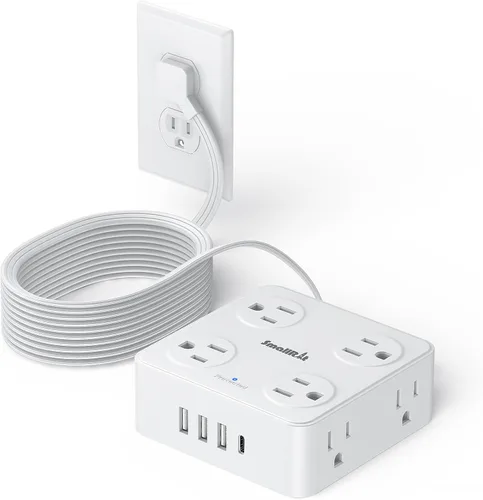 Miniatura 20 de SMALLRT - Cable de extensión con múltiples tomas, extensor de salida con protector de sobretensiones, enchufe plano de 6.5 pies con puertos USB, 8