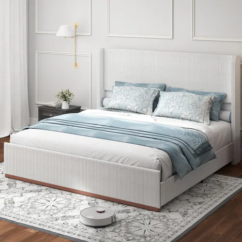 Doltoro Base de cama tapizada tamaño Queen, plataforma de pana suave con cabecera de lujo con alas de 47 pulgadas, soporte de listones de acero