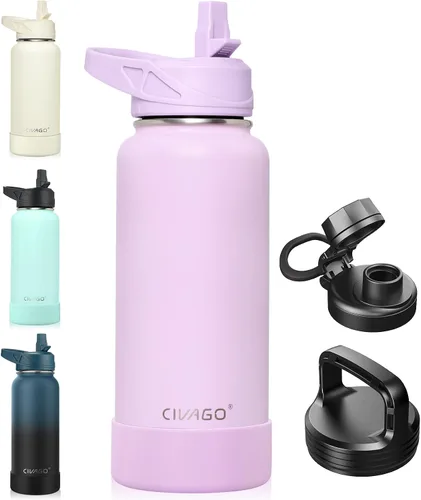 Miniatura 47 de CIVAGO Botella de agua aislada de 22 onzas con pajita, frasco de agua deportiva de acero inoxidable con 3 tapas