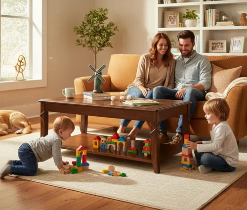 Miniatura 3 de Mesa de centro de madera maciza con estante de almacenamiento, mesa de sala de estar de mediados de siglo con mesa y patas talladas en madera, mesa