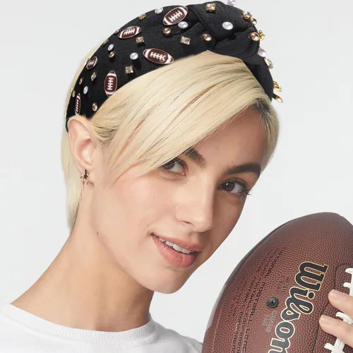 Miniatura 2 de Diadema de fútbol para mamá, accesorios de perlas con diamantes de imitación anudados, banda ancha para el pelo negra, diadema de nudo superior