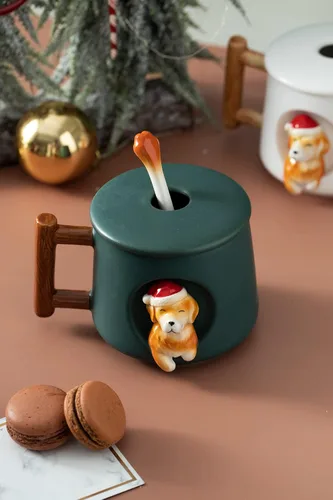 Miniatura 7 de DIHOclub Taza de café de cerámica con tapa y cuchara a juego, taza con patrón 3D Golden Retriever para té, leche y chocolate, bonita taza
