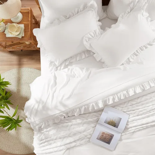 Miniatura 28 de Anluoer - Juego de cama individual con edredón de 5 piezas, rosa en una bolsa con sábanas, juego de ropa de cama de todos los días con volantes