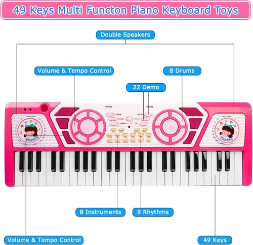 Miniatura 3 de Juguetes para niñas de 3 años en adelante: Regalo de 49 teclas Teclado de piano para niños, juguete de instrumento musical educativo multifuncional