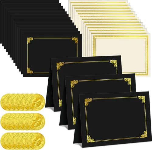Epakh Kit de 72 Piezas para Certificados Incluye 24 Portacedulas y 24 Papeles 24 Sellos de Reconocimiento de Lámina y Adhesivos Cubiertas para Negro