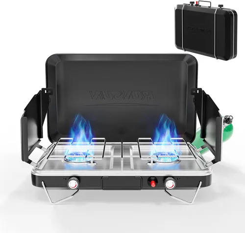 Miniatura 8 de ROVSUN 20000 BTU Propane Camping Stove with Adapter, 2 Burner Tabletop Portable Propane Camp Stove with Built-in Handle & Foldable Wind Panel for