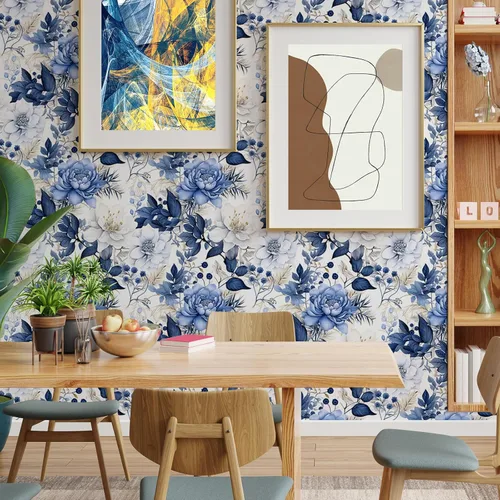 Miniatura 2 de Booming Peony - Papel tapiz floral de peonía para despegar y pegar - Papel tapiz autoadhesivo removible de hojas azul/blanco - Mural decorativo
