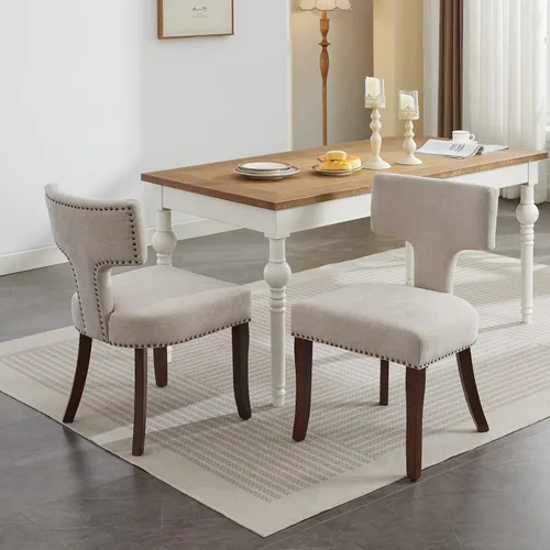 Set of 2 Counter Height Bar Stools with Farmhouse Linen Upholstery, Curved Backrest Dining Chairs with Hardwood Frame for Kitchen Counter, Table &