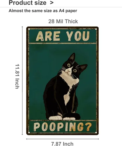 Miniatura 5 de ALKB Letrero de baño con diseño de gato esmoquin, divertido letrero de metal de 8 x 12 pulgadas – Are You Pooping – Decoración de pared de gloria