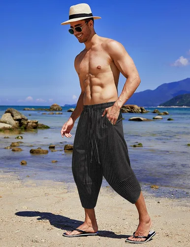 Miniatura 3 de COOFANDY Pantalones capri harén de lino para hombre, ligeros, sueltos, 34, con cordón elástico, cintura elástica, pantalones casuales para yoga