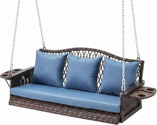 Miniatura 9 de ZZW Columpio colgante de mimbre mejorado para porche, resistente de 900 libras, 3 asientos, para patio, para adultos, con cadenas colgantes de 8.9